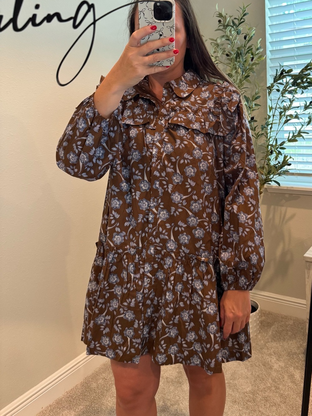Brown Floral Long-Sleeve Ruffle Tiered Dress